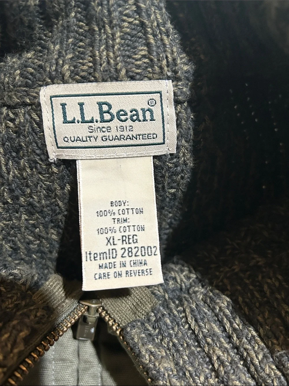 LL Bean Sz XL Men's Olive Quarter-Zip Knit Military Shoulder Patch Sweater